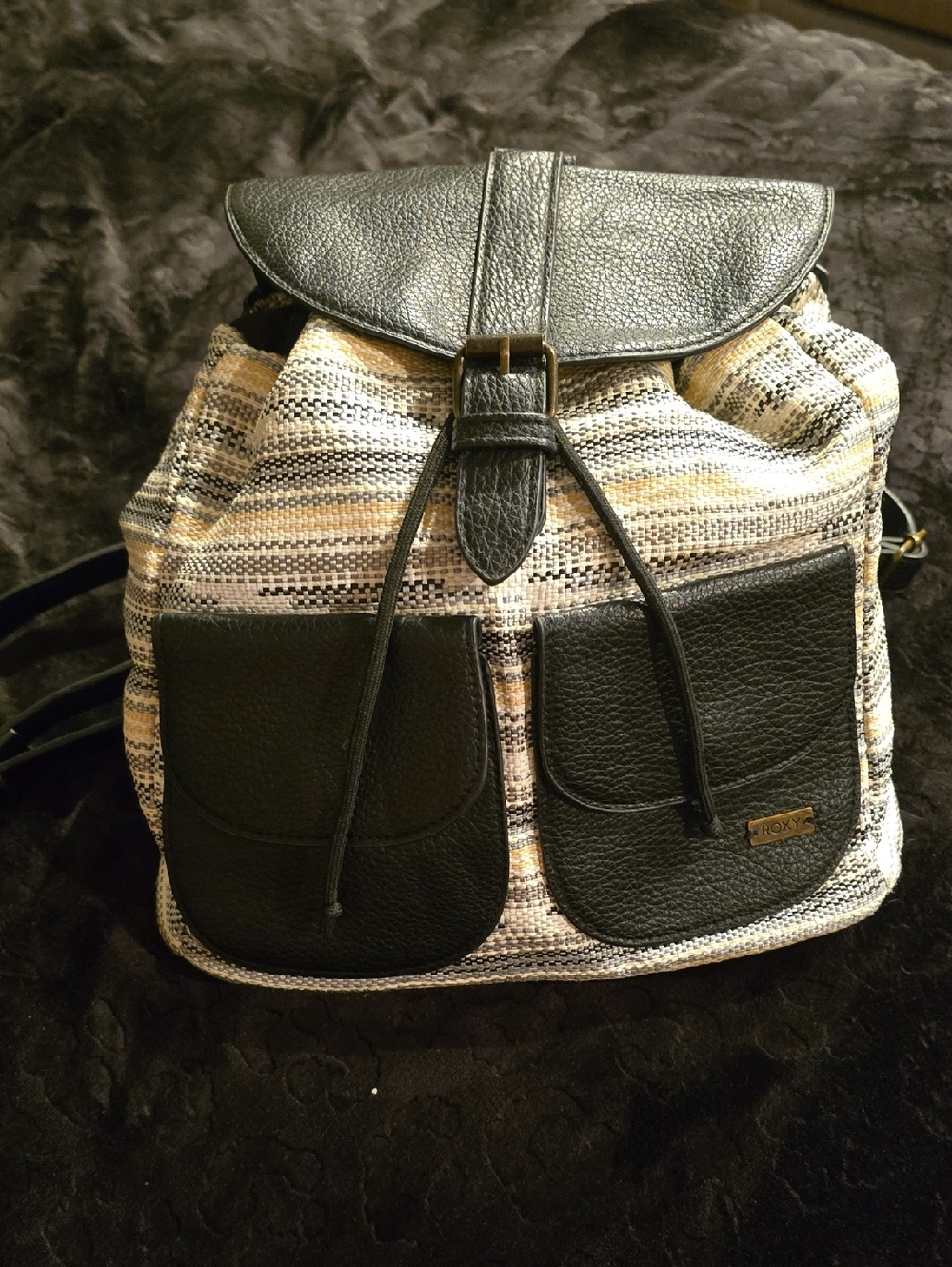 Roxy Black and Multicolor Woven Backpack Purse